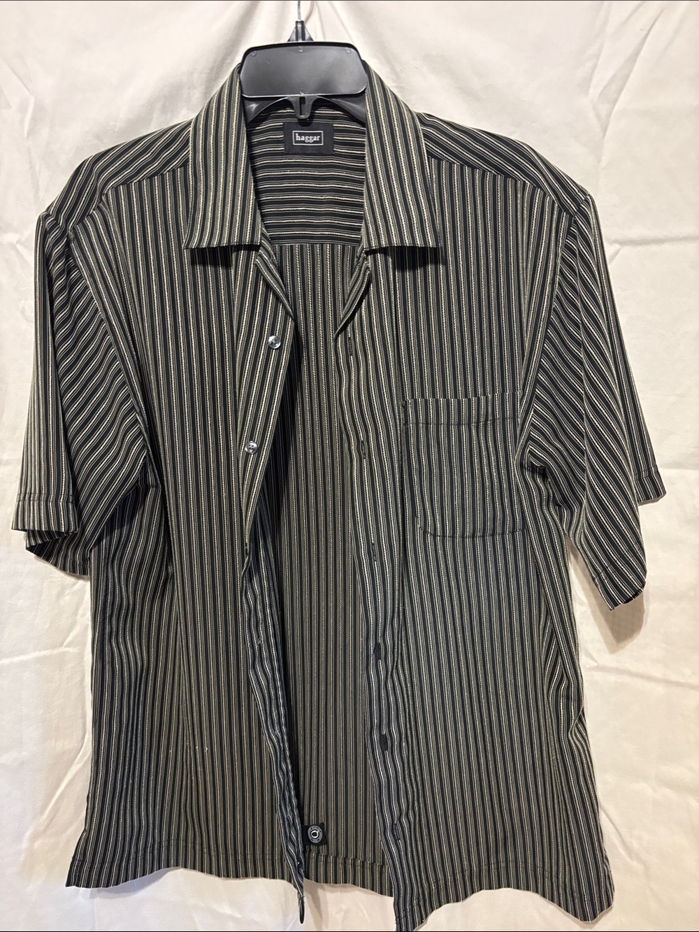 Haggar Black and Camel Stripe Short Sleeve Camp Shirt
